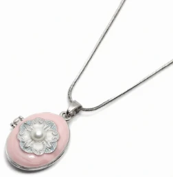 Cadena de acero quirurgico con dije relicario rosa con perla 40cm + 5cm